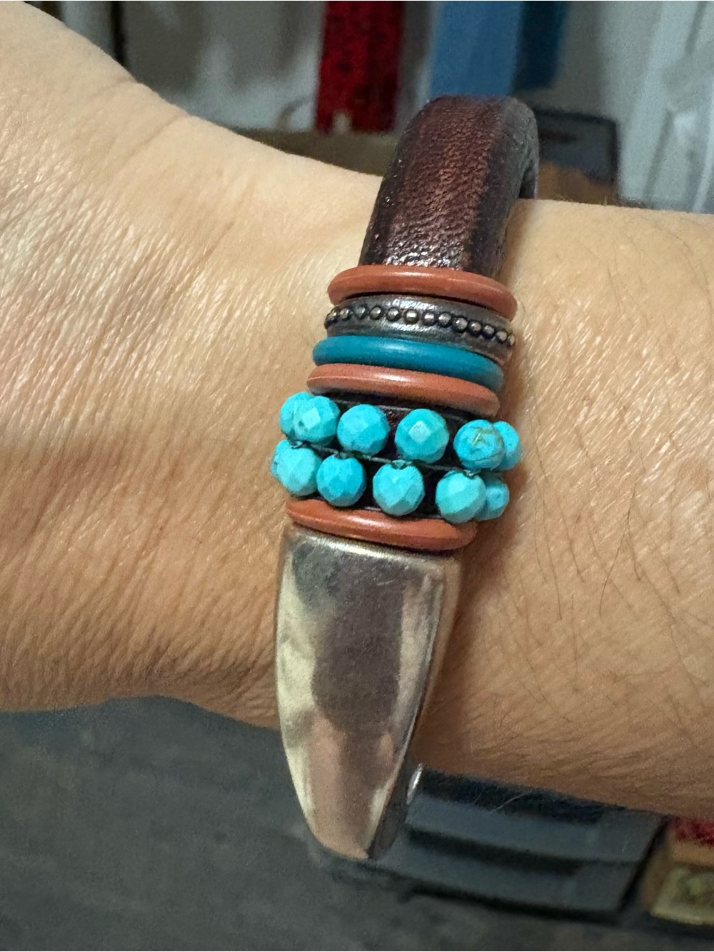 Leather Bracelet with faux Turquoise Beads